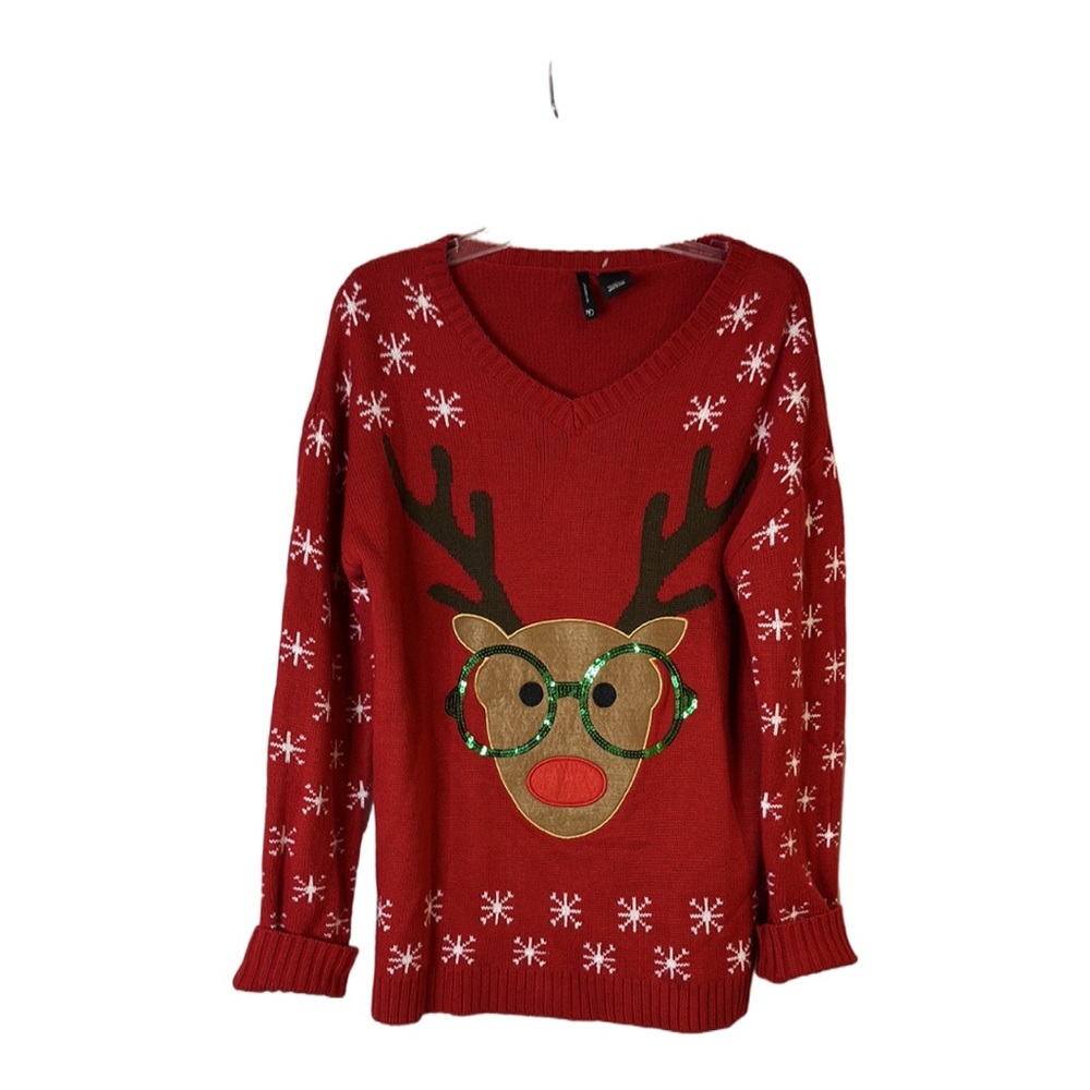 New Directions Sz XL Red Reindeer V-Neck Sweater